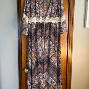 Bohemian Chevron Maxi Dress with Lace Trim